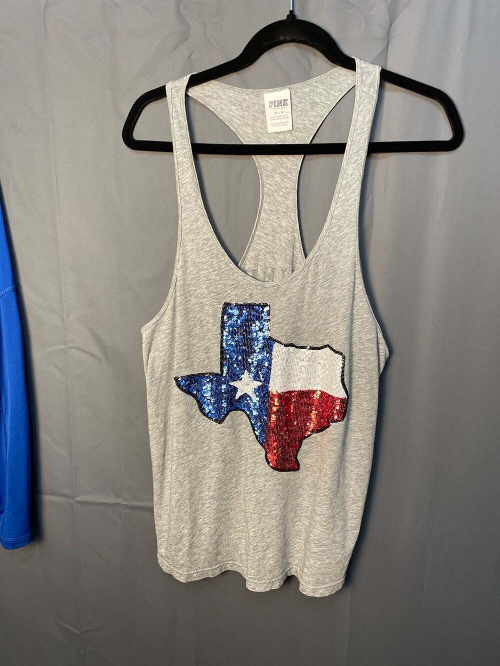 PINK Victoria's Secret Gray Texas Flag Sequin Racerback Tank Top